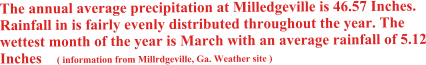 The annual average precipitation at Milledgeville is 46.57 Inches. Rainfall in is fairly evenly distributed throughout the year. The wettest month of the year is March with an average rainfall of 5.12 Inches    ( information from Millrdgeville, Ga. Weather site )